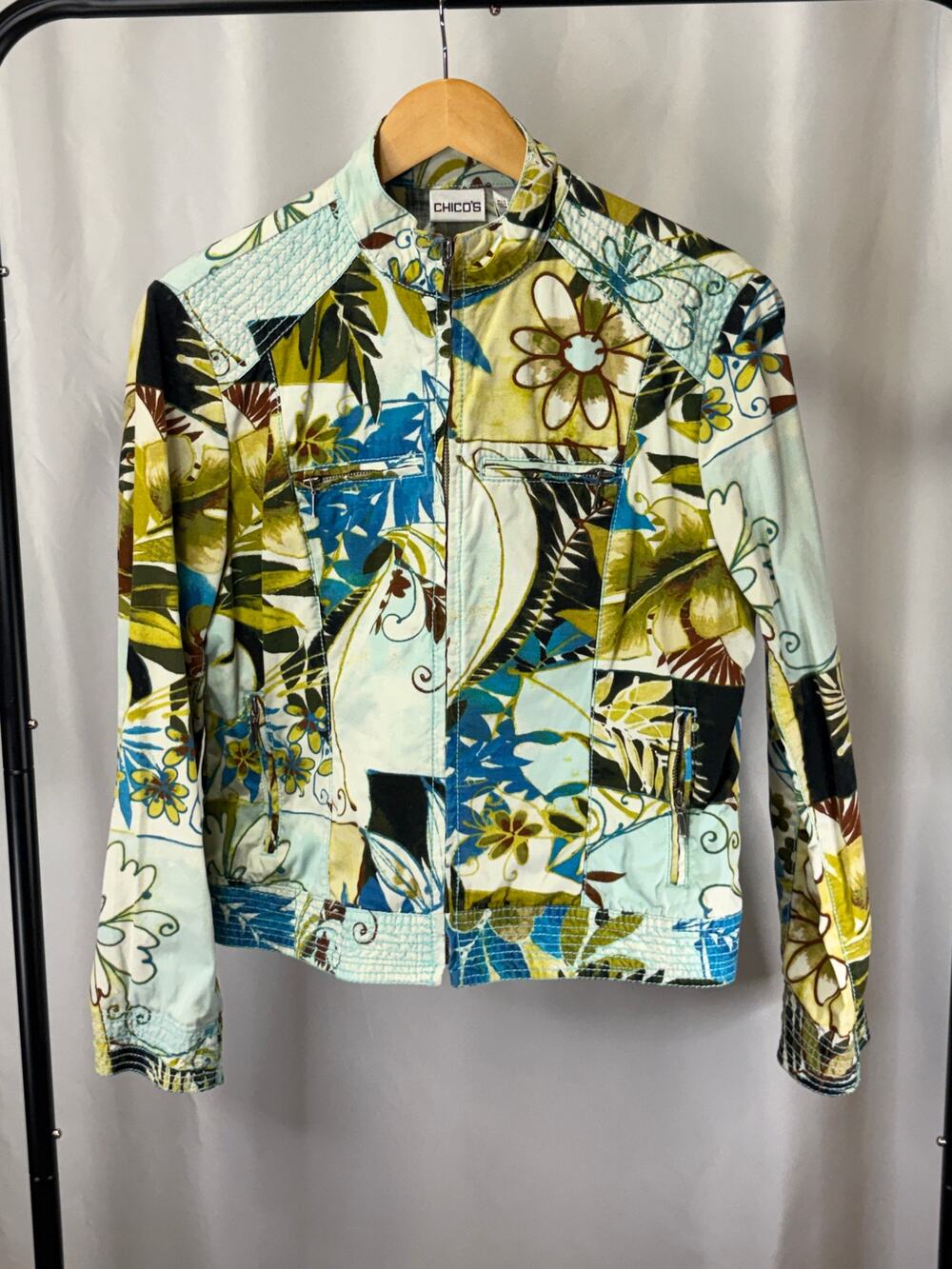 Chico’s Women’s Size 1-US 8/10 Floral Patchwork Moto Jacket Cotton Full Zip